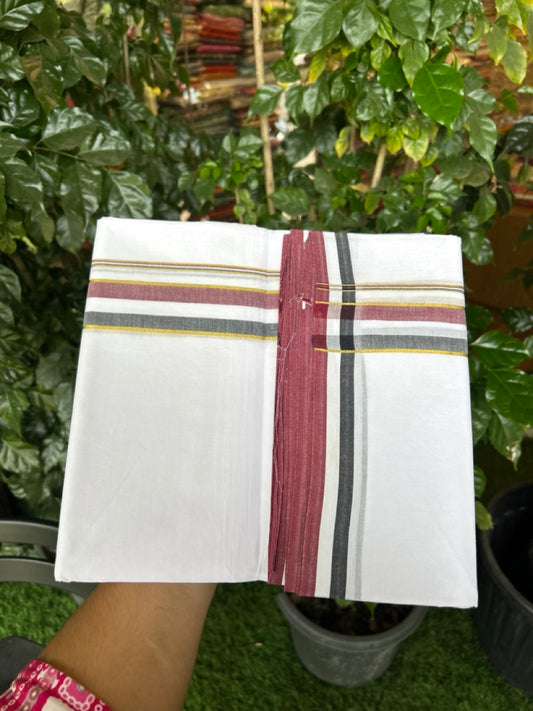 ADMK VESHTI - 20% DISCOUNT! KaithariKada 100% Cotton Pure white Double - (Unbleached) Mundu/Dhoti - 100X100 - 1.5 inch Gold Kasav Black White & Maroon Shaded kara - 28 KK5297 ASH