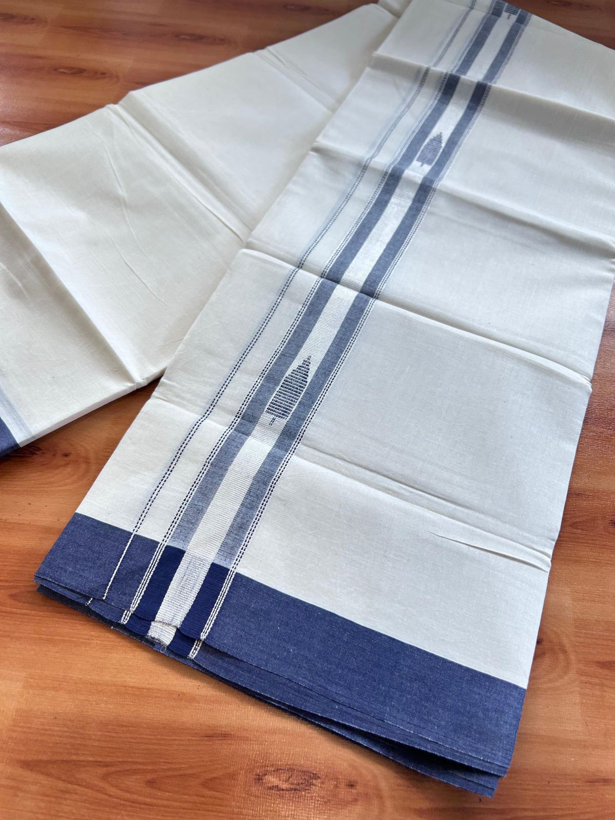 Double Off White (Unbleached) Mundu/Dhoti- 20% Discount! KaithariKada Pure Cotton - 100X80 - 1.5 inch Silver Kasav & Navy Blue Jaquard Design Kara - 4 mtr (8.5 Muzham) - 1 KK5510 VAS