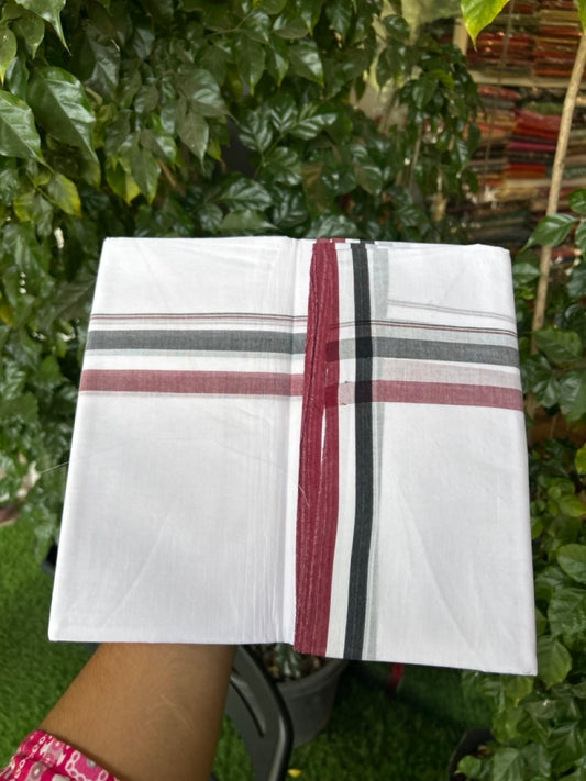 ADMK VESHTI - 20% DISCOUNT! KaithariKada 100% Cotton Pure white Double - (Unbleached) Mundu/Dhoti - 100X100 - 1.5 inch Black White & Maroon Shaded kara - 12 KK5297 ASH