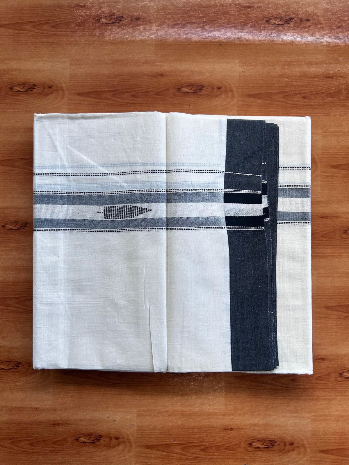 Double Off White (Unbleached) Mundu/Dhoti- 20% Discount! KaithariKada Pure Cotton - 100X80 - 1.5 inch Silver Kasav & Black Jaquard Design Kara - 4 mtr (8.5 Muzham) - 2 KK5510 VAS