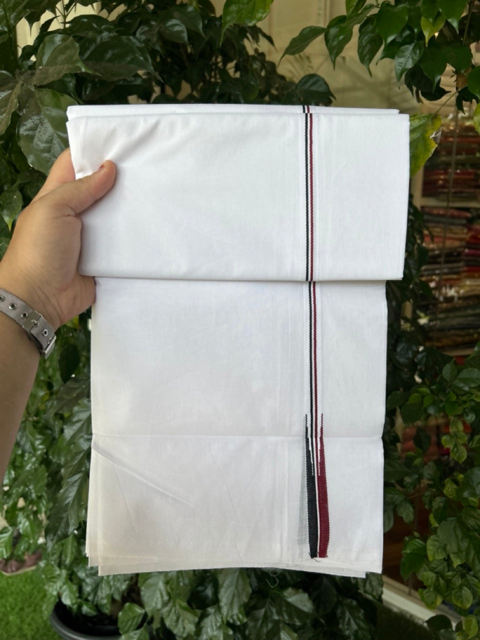 ADMK VESTHI 20% DISCOUNT ! KaithariKada Balaramapuram 100% Cotton Pure White Double Mundu/Dhoti- 100X100- 0.5 Inch  Puliyilakkara Maroon & Black Chutty Kara - 18 KK5297 ASH
