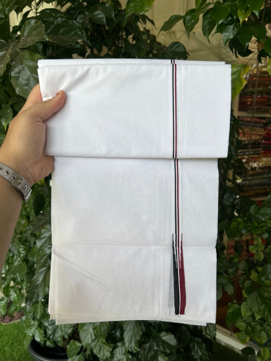 ADMK VESTHI 20% DISCOUNT ! KaithariKada Balaramapuram 100% Cotton Pure White Double Mundu/Dhoti- 100X100- 0.5 Inch  Puliyilakkara Maroon & Black Chutty Kara - 18 KK5297 ASH