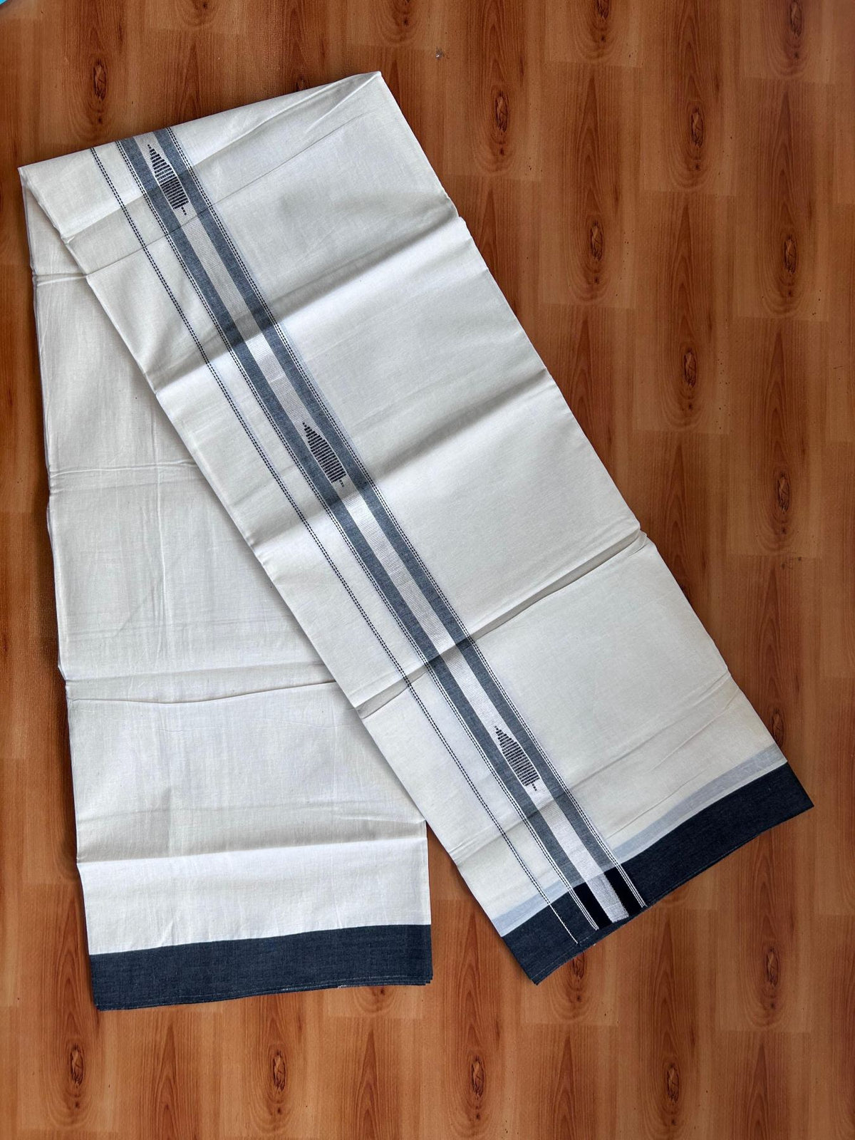 Double Off White (Unbleached) Mundu/Dhoti- 20% Discount! KaithariKada Pure Cotton - 100X80 - 1.5 inch Silver Kasav & Black Jaquard Design Kara - 4 mtr (8.5 Muzham) - 2 KK5510 VAS