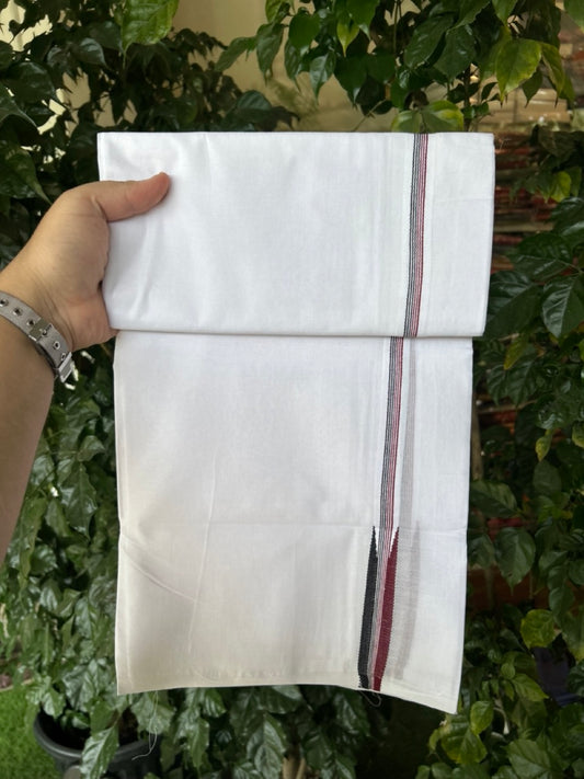ADMK VESTHI 20% DISCOUNT ! KaithariKada Balaramapuram 100% Cotton Pure White Double Mundu/Dhoti- 100X100- 0.75 Inch  Puliyilakkara Maroon & Black Chutty Kara - 17 KK5297 ASH