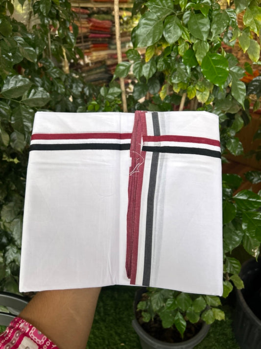 ADMK VESHTI - 20% DISCOUNT! KaithariKada 100% Cotton Pure white Double - (Unbleached) Mundu/Dhoti - 100X100 - 1 inch Black White & Maroon kara - 8 KK5297 ASH