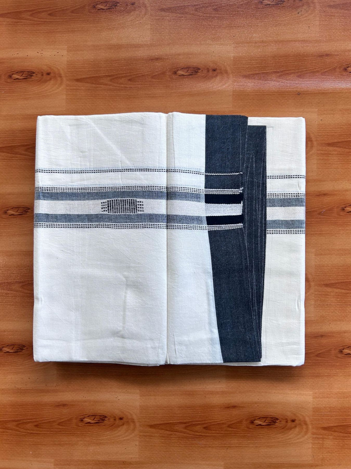 Double Off White (Unbleached) Mundu/Dhoti- 20% Discount! KaithariKada Pure Cotton - 100X80 - 1.5 inch Silver Kasav & Black Jaquard Design Kara - 4 mtr (8.5 Muzham) - 3 KK5510 VAS