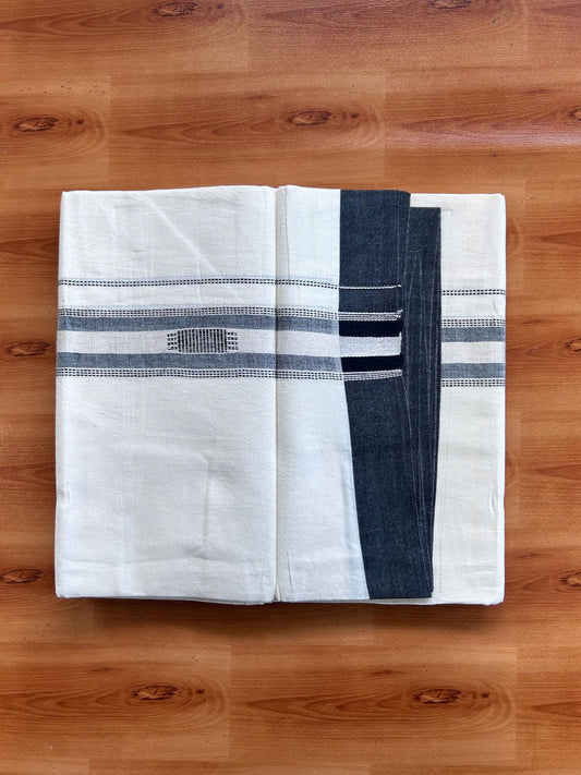 Double Off White (Unbleached) Mundu/Dhoti- 20% Discount! KaithariKada Pure Cotton - 100X80 - 1.5 inch Silver Kasav & Black Jaquard Design Kara - 4 mtr (8.5 Muzham) - 3 KK5510 VAS
