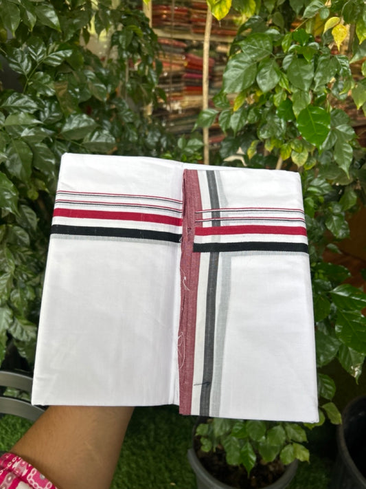 ADMK VESHTI - 20% DISCOUNT! KaithariKada 100% Cotton Pure white Double - (Unbleached) Mundu/Dhoti - 100X100 - 1 inch Black White & Maroon Red kara - 14 KK5297 ASH
