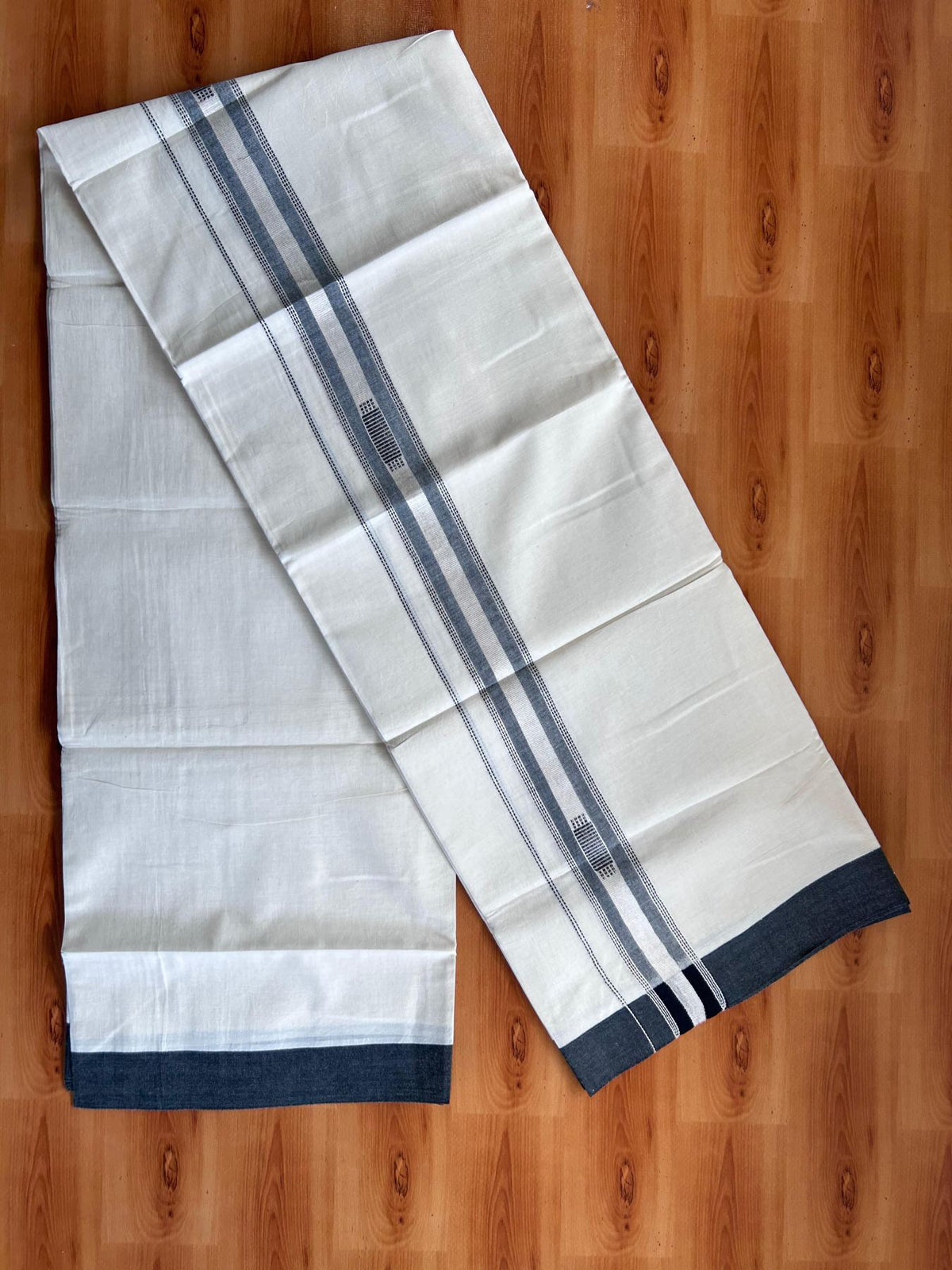 Double Off White (Unbleached) Mundu/Dhoti- 20% Discount! KaithariKada Pure Cotton - 100X80 - 1.5 inch Silver Kasav & Black Jaquard Design Kara - 4 mtr (8.5 Muzham) - 3 KK5510 VAS