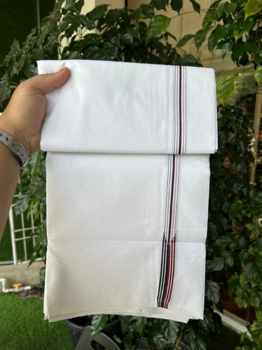 ADMK VESTHI 20% DISCOUNT ! KaithariKada Balaramapuram 100% Cotton Pure White Double Mundu/Dhoti- 100X100- 0.75 Inch  Puliyilakkara 6 Line Maroon & Black Chutty Kara - 15 KK5297 ASH