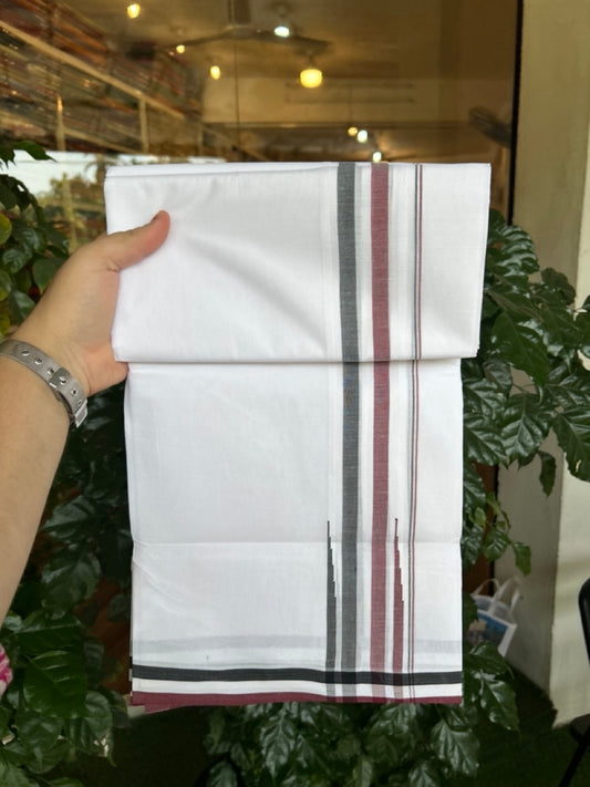 ADMK VESTHI 20% DISCOUNT ! KaithariKada Balaramapuram 100% Cotton Pure White Double Mundu/Dhoti- 100X100- 2 Inch  Puliyilakkara Maroon & Black Shaded Chutty Kara - 33 KK5297 ASH