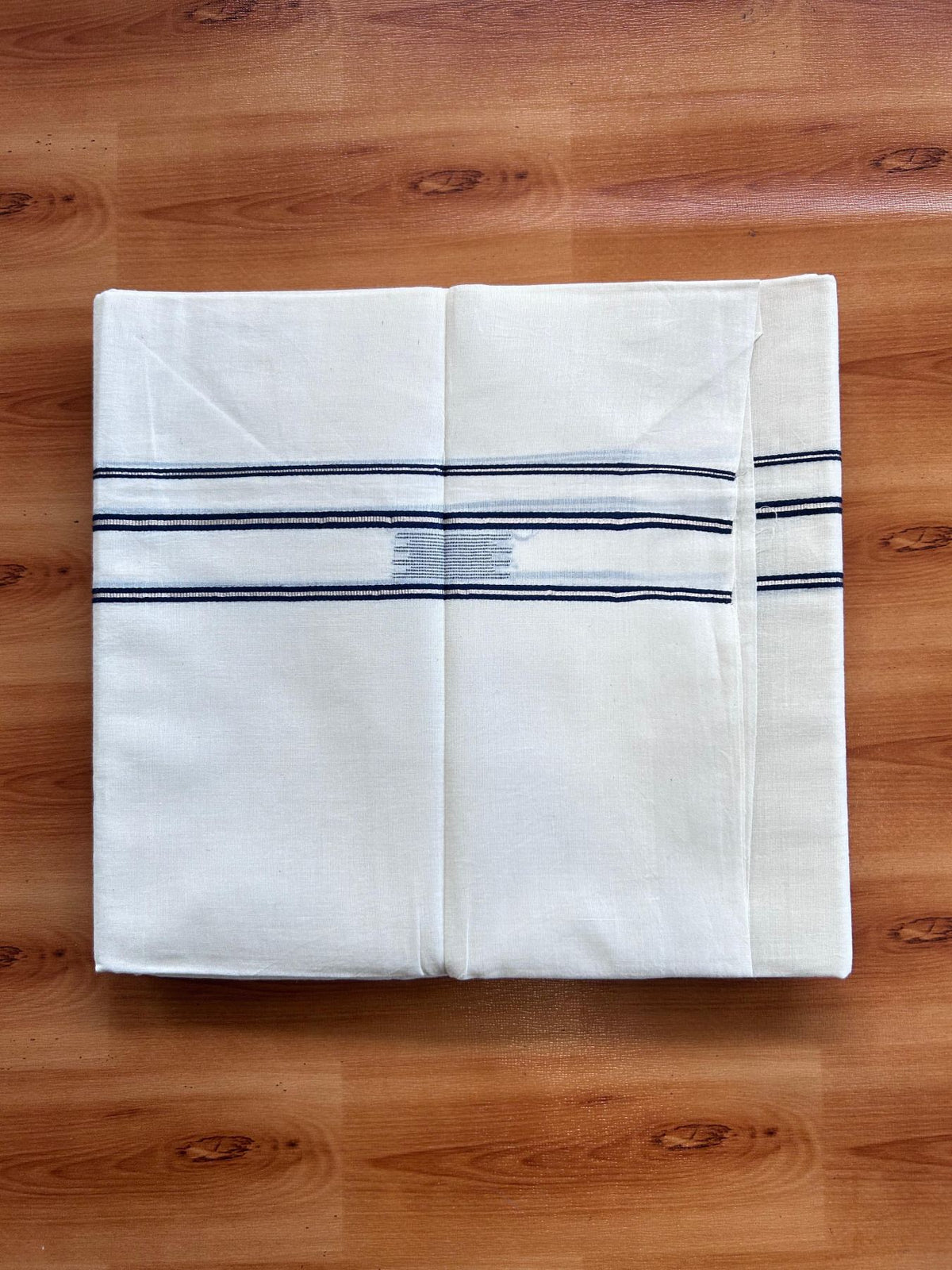 Double Off White (Unbleached) Mundu/Dhoti- 20% Discount! KaithariKada Pure Cotton - 100X80 - 1.25 inch Silver Kasav & Navy Blue Jaquard Design Kara - 4 mtr (8.5 Muzham) - 4 KK5510 VAS