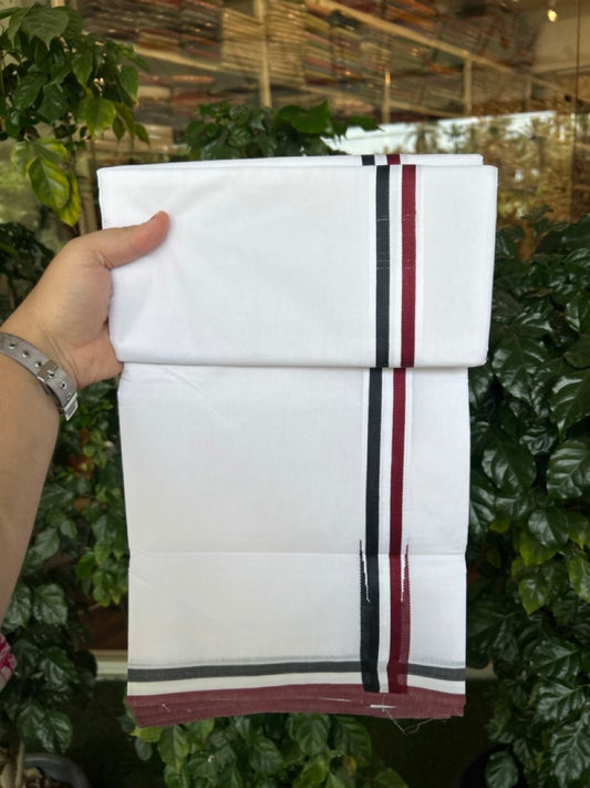 ADMK VESTHI 20% DISCOUNT ! KaithariKada Balaramapuram 100% Cotton Pure White Double Mundu/Dhoti- 100X100- 1.25 Inch  Puliyilakkara Maroon & Black Chutty Kara - 32 KK5297 ASH