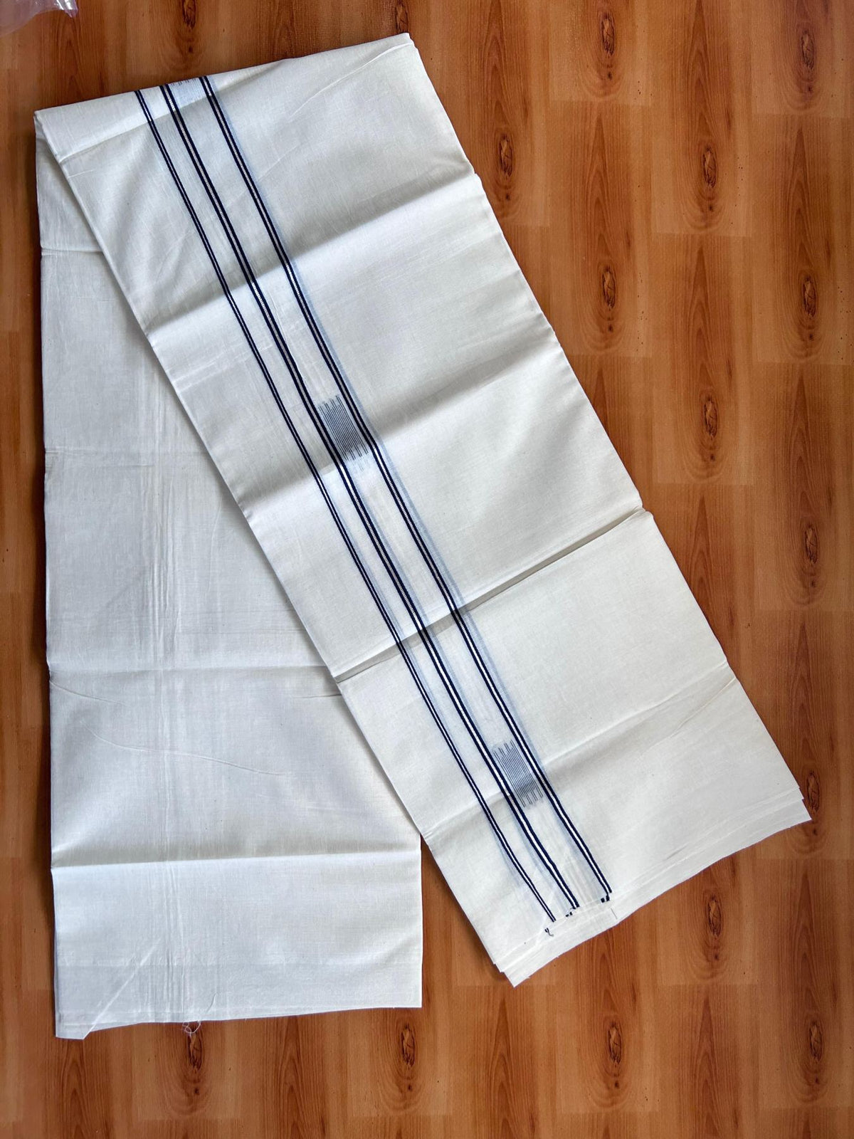 Double Off White (Unbleached) Mundu/Dhoti- 20% Discount! KaithariKada Pure Cotton - 100X80 - 1.25 inch Silver Kasav & Navy Blue Jaquard Design Kara - 4 mtr (8.5 Muzham) - 4 KK5510 VAS