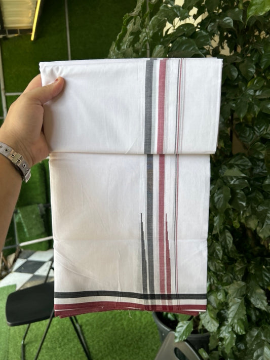 ADMK VESTHI 20% DISCOUNT ! KaithariKada Balaramapuram 100% Cotton Pure White Double Mundu/Dhoti- 100X100- 1.75 Inch  Puliyilakkara Maroon & Black Shaded Chutty Kara - 34 KK5297 ASH