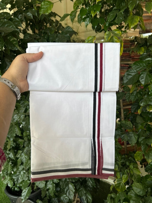 ADMK VESTHI 20% DISCOUNT ! KaithariKada Balaramapuram 100% Cotton Pure White Double Mundu/Dhoti- 100X100- 1.25 Inch  Puliyilakkara Maroon & Black Chutty Kara - 31 KK5297 ASH