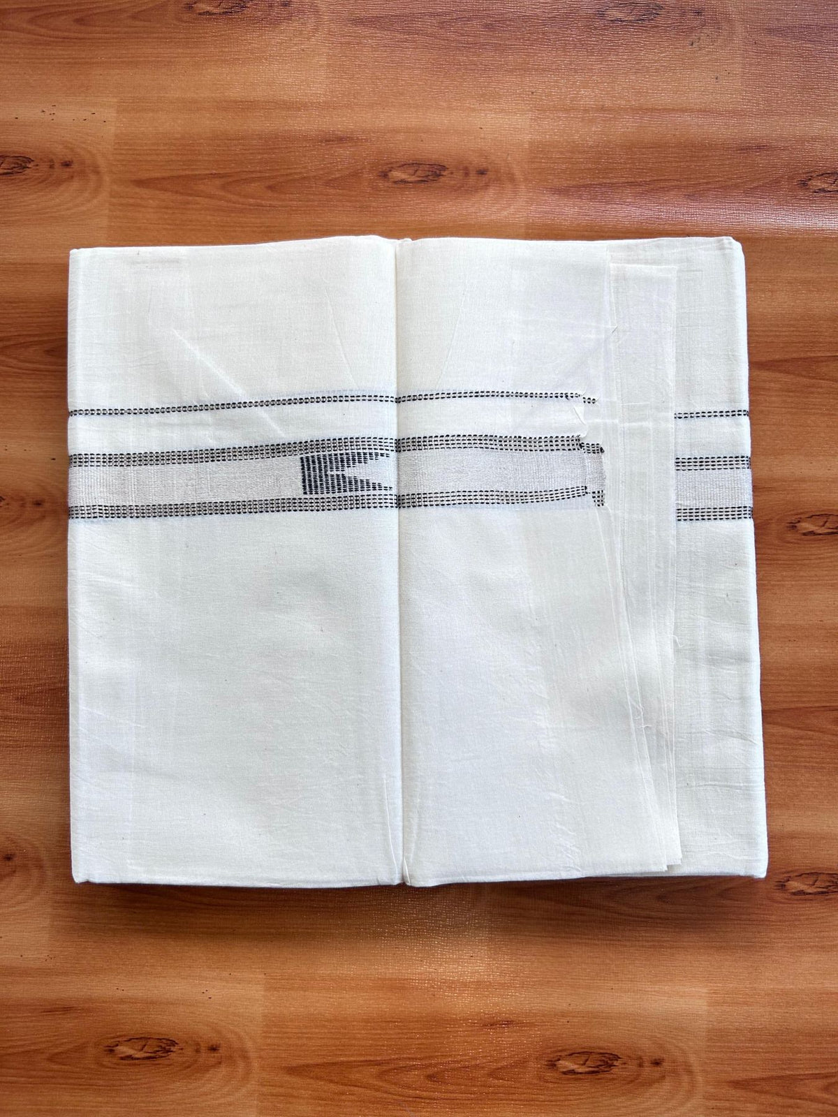 Double Off White (Unbleached) Mundu/Dhoti- 20% Discount! KaithariKada Pure Cotton - 100X80 - 1 inch Silver Kasav & Black Jaquard Design Kara - 4 mtr (8.5 Muzham) - 5 KK5510 VAS
