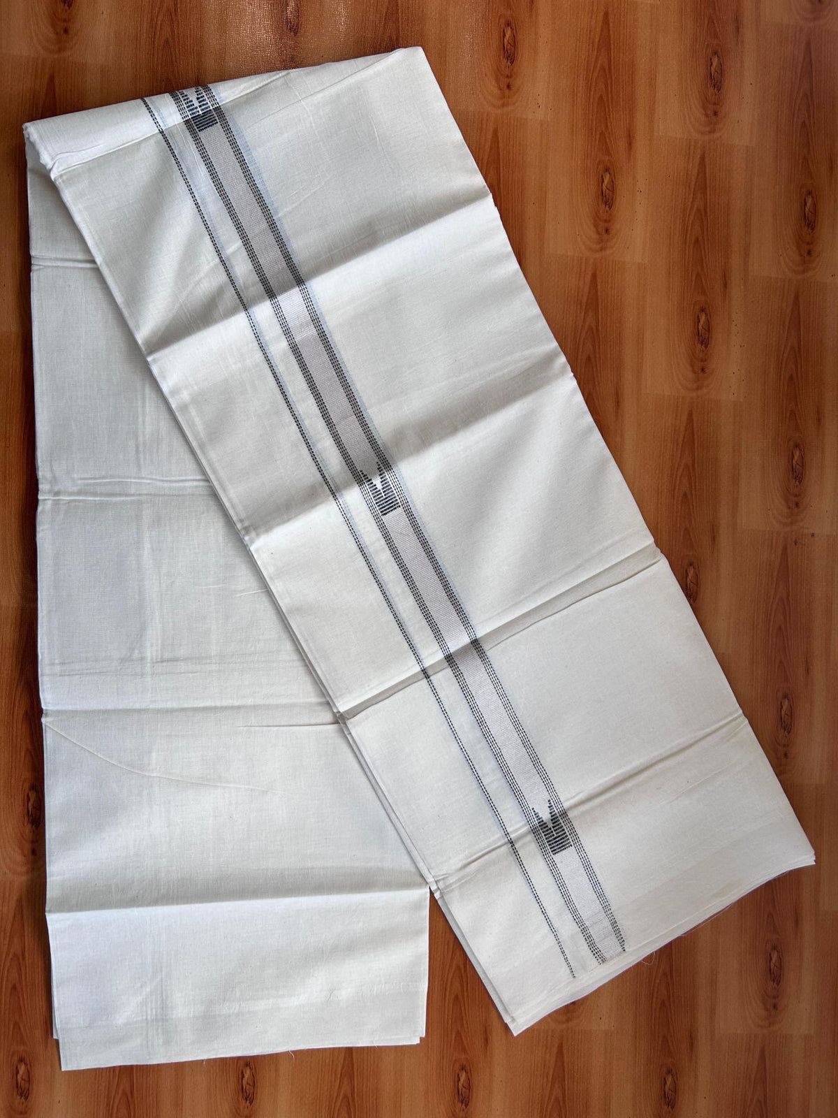 Double Off White (Unbleached) Mundu/Dhoti- 20% Discount! KaithariKada Pure Cotton - 100X80 - 1 inch Silver Kasav & Black Jaquard Design Kara - 4 mtr (8.5 Muzham) - 5 KK5510 VAS