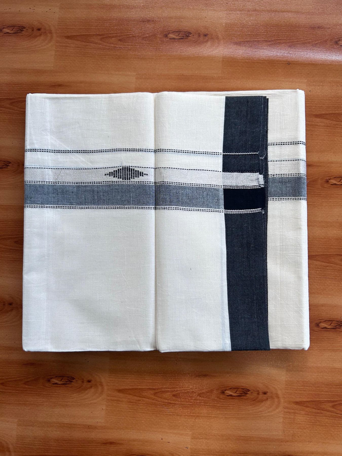 Double Off White (Unbleached) Mundu/Dhoti- 20% Discount! KaithariKada Pure Cotton - 100X80 - 1.5 inch Silver Kasav & Black Jaquard Design Kara - 4 mtr (8.5 Muzham) - 6 KK5510 VAS