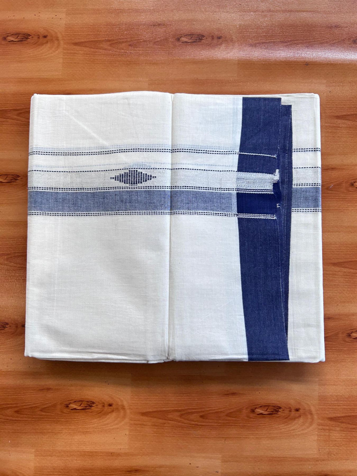 Double Off White (Unbleached) Mundu/Dhoti- 20% Discount! KaithariKada Pure Cotton - 100X80 - 1.5 inch Silver Kasav & Navy Blue Jaquard Design Kara - 4 mtr (8.5 Muzham) - 7 KK5510 VAS