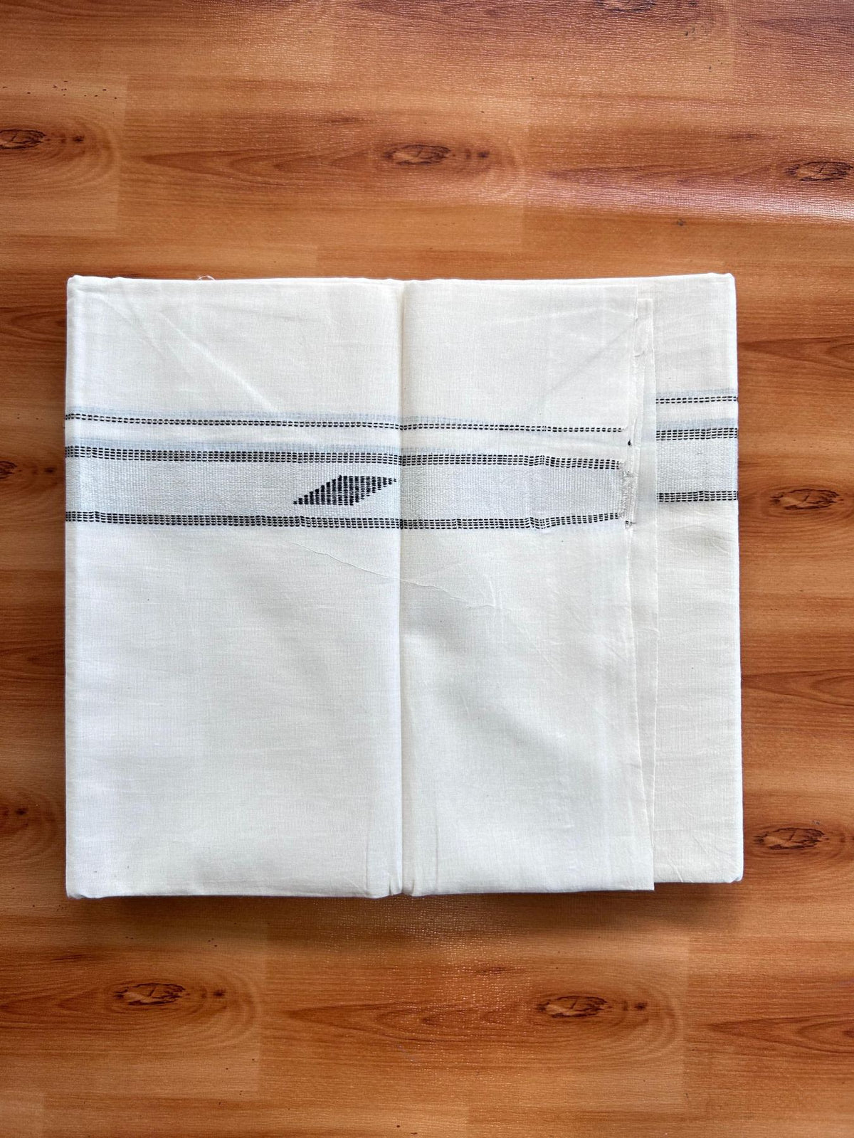 Double Off White (Unbleached) Mundu/Dhoti- 20% Discount! KaithariKada Pure Cotton - 100X80 - 1 inch Silver Kasav & Black Jaquard Design Kara - 4 mtr (8.5 Muzham) - 8 KK5510 VAS