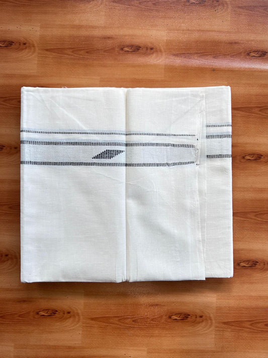 Double Off White (Unbleached) Mundu/Dhoti- 20% Discount! KaithariKada Pure Cotton - 100X80 - 1 inch Silver Kasav & Black Jaquard Design Kara - 4 mtr (8.5 Muzham) - 8 KK5510 VAS