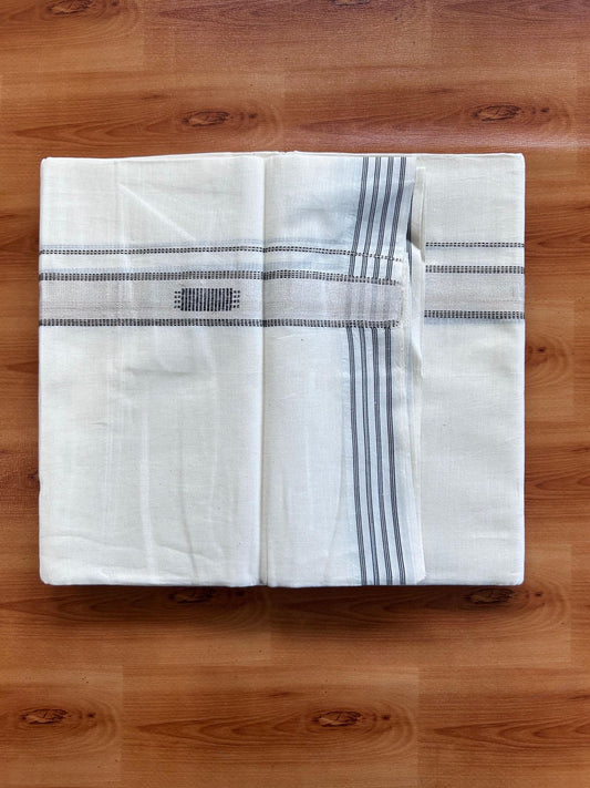 Double Off White (Unbleached) Mundu/Dhoti- 20% Discount! KaithariKada Pure Cotton - 100X80 - 1 inch Silver Kasav & Black Jaquard Design Kara - 4 mtr (8.5 Muzham) - 9 KK5510 VAS