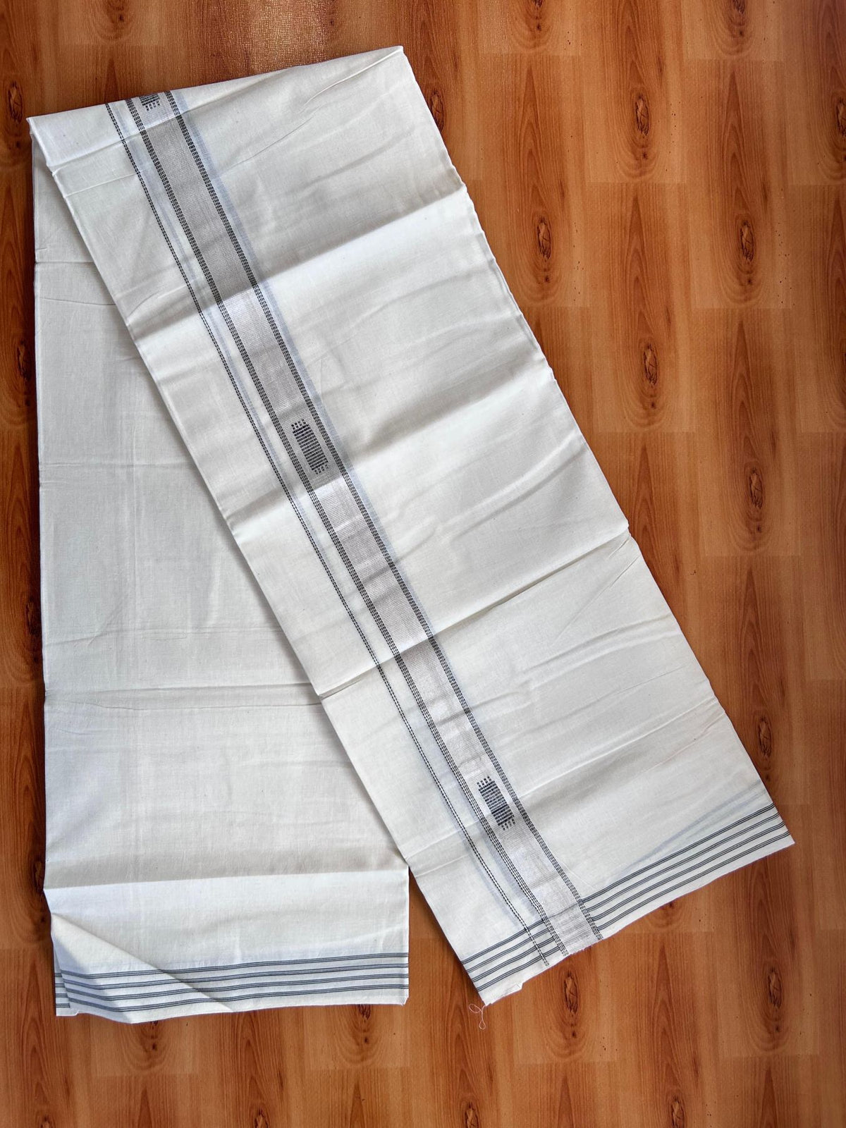 Double Off White (Unbleached) Mundu/Dhoti- 20% Discount! KaithariKada Pure Cotton - 100X80 - 1 inch Silver Kasav & Black Jaquard Design Kara - 4 mtr (8.5 Muzham) - 9 KK5510 VAS