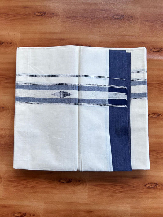 Double Off White (Unbleached) Mundu/Dhoti- 20% Discount! KaithariKada Pure Cotton - 100X80 - 1.5 inch Silver Kasav & Navy Blue Jaquard Design Kara - 4 mtr (8.5 Muzham) - 10 KK5510 VAS