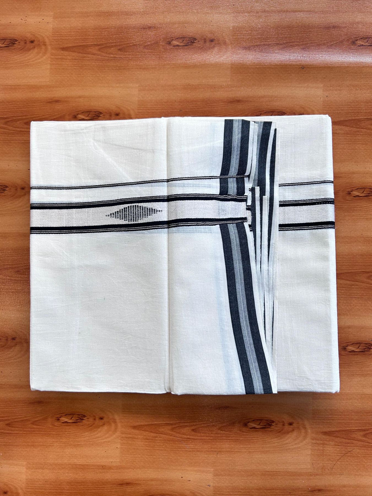 Double Off White (Unbleached) Mundu/Dhoti- 20% Discount! KaithariKada Pure Cotton - 100X80 - 1 inch Silver Kasav & Black Jaquard Design Kara - 4 mtr (8.5 Muzham) - 11 KK5510 VAS
