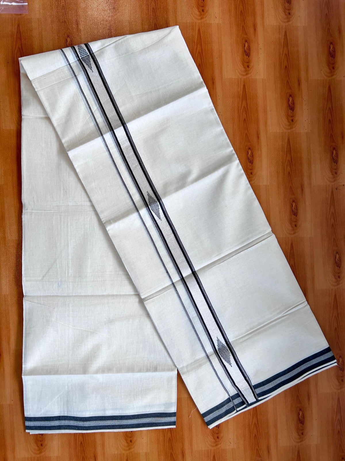 Double Off White (Unbleached) Mundu/Dhoti- 20% Discount! KaithariKada Pure Cotton - 100X80 - 1 inch Silver Kasav & Black Jaquard Design Kara - 4 mtr (8.5 Muzham) - 11 KK5510 VAS
