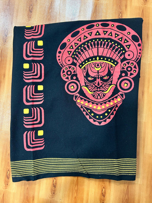 Single Kaily / Lungi - Mixed Cotton - 40s - Theyyam Design Printed 2.25 inch Kara with Black Colour Body (2 meter / 4 muzham) - 2 KK8071 GAN