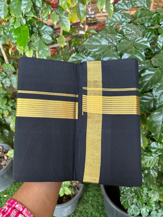 25% Discount! KaithariKada Handloom Unakkupaav Balaramapuram - Pure Cotton Double Mundu/Dhoti (Unbleached) - 100x80 - Black Colour Body - 1.5 inch Gold Kasavu Striped Kara - 6 KK5295 ABH