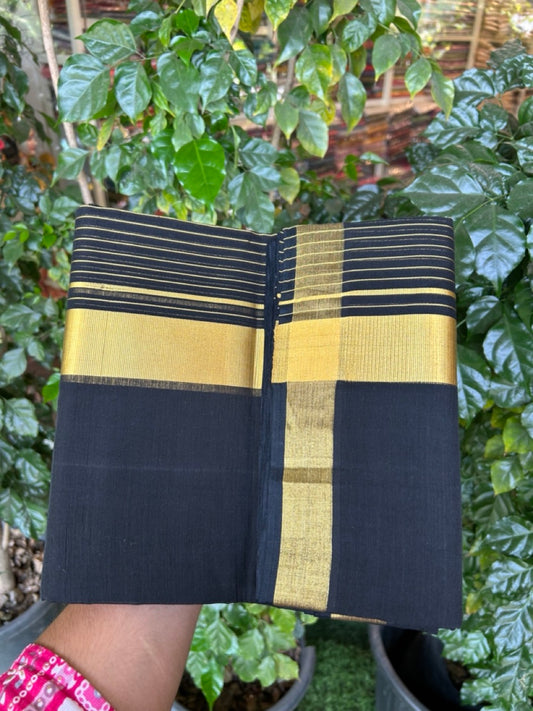 25% Discount! KaithariKada Handloom Unakkupaav Balaramapuram - Pure Cotton Double Mundu/Dhoti (Unbleached) - 100x80 - Black Colour Body - 7 inch Gold Kasavu Striped Kara - 3 KK5295 ABH