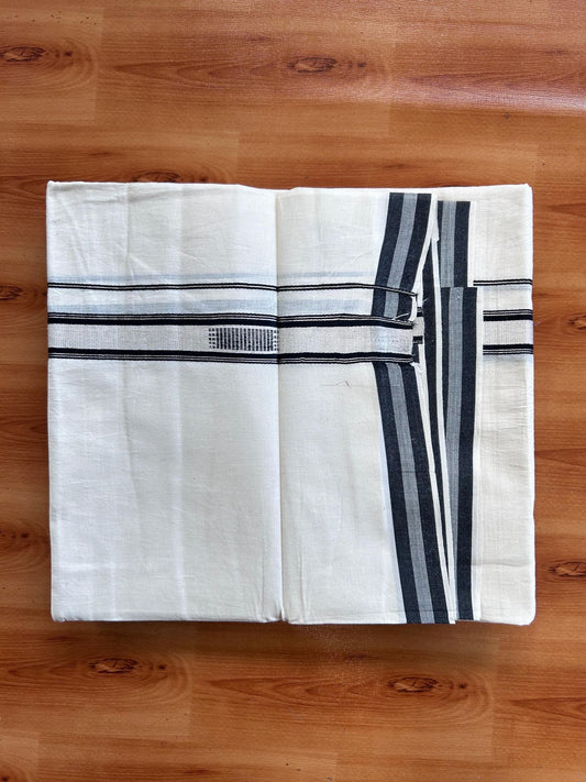 Double Off White (Unbleached) Mundu/Dhoti- 20% Discount! KaithariKada Pure Cotton - 100X80 - 1 inch Silver Kasav & Black Jaquard Design Kara - 4 mtr (8.5 Muzham) - 12 KK5510 VAS