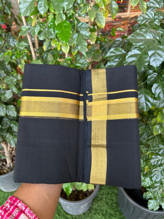 25% Discount! KaithariKada Handloom Unakkupaav Balaramapuram - Pure Cotton Double Mundu/Dhoti (Unbleached) - 100x80 - Black Colour Body - 1.75 inch Gold Kasavu Striped Kara - 2 KK5295 ABH