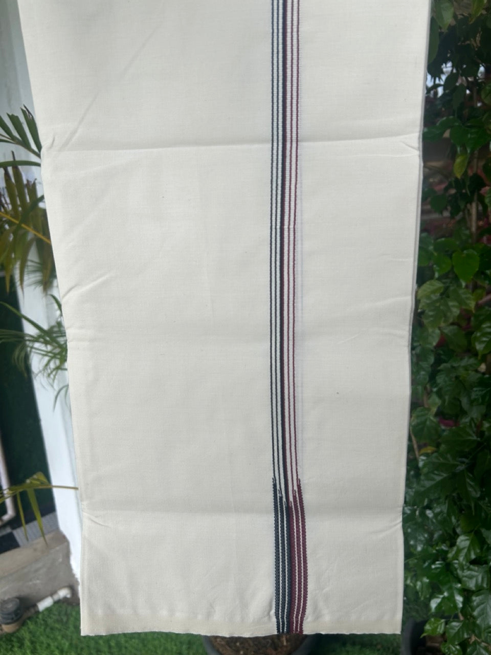 ADMK Veshti - KaithariKada Balaramapuram 100% COTTON SINGLE OFF WHITE- (Unbleached) Mundu/Dhoti-100X100 - 2 cm Puliyilakkara 6 line Maroon & Black Chutty (2 meter / 4 muzham) - 8KK5168ASH