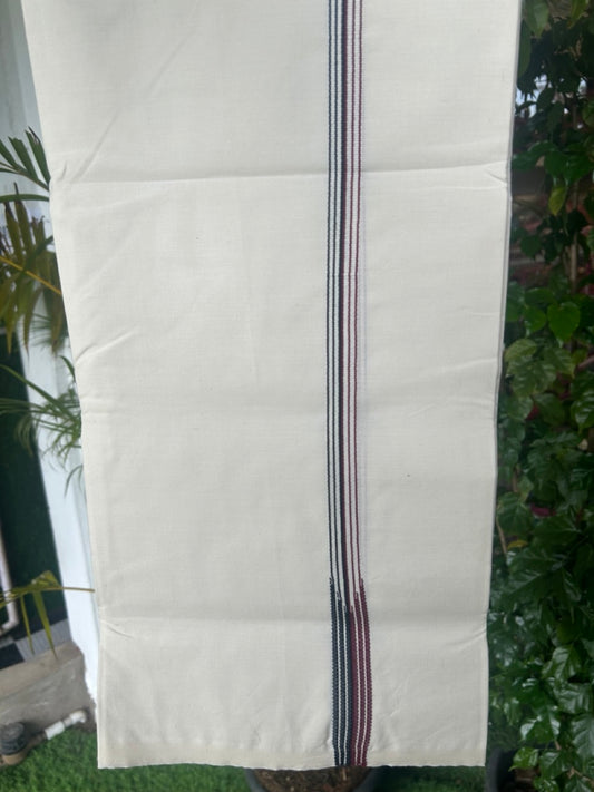 ADMK Veshti - KaithariKada Balaramapuram 100% COTTON SINGLE OFF WHITE- (Unbleached) Mundu/Dhoti-100X100 - 2 cm Puliyilakkara 6 line Maroon & Black Chutty (2 meter / 4 muzham) - 8KK5168ASH