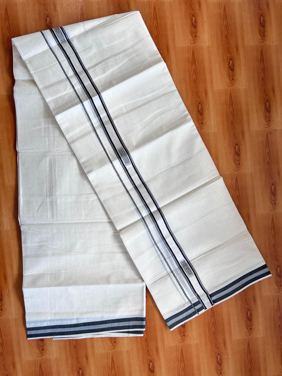 Double Off White (Unbleached) Mundu/Dhoti- 20% Discount! KaithariKada Pure Cotton - 100X80 - 1 inch Silver Kasav & Black Jaquard Design Kara - 4 mtr (8.5 Muzham) - 12 KK5510 VAS