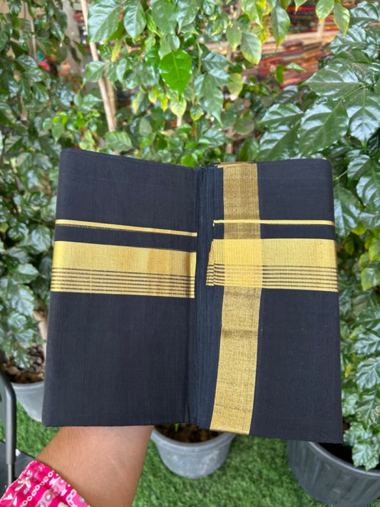 25% Discount! KaithariKada Handloom Unakkupaav Balaramapuram - Pure Cotton Double Mundu/Dhoti (Unbleached) - 100x80 - Black Colour Body - 1.75 inch Gold Kasavu Side Striped Kara - 5 KK5295 ABH