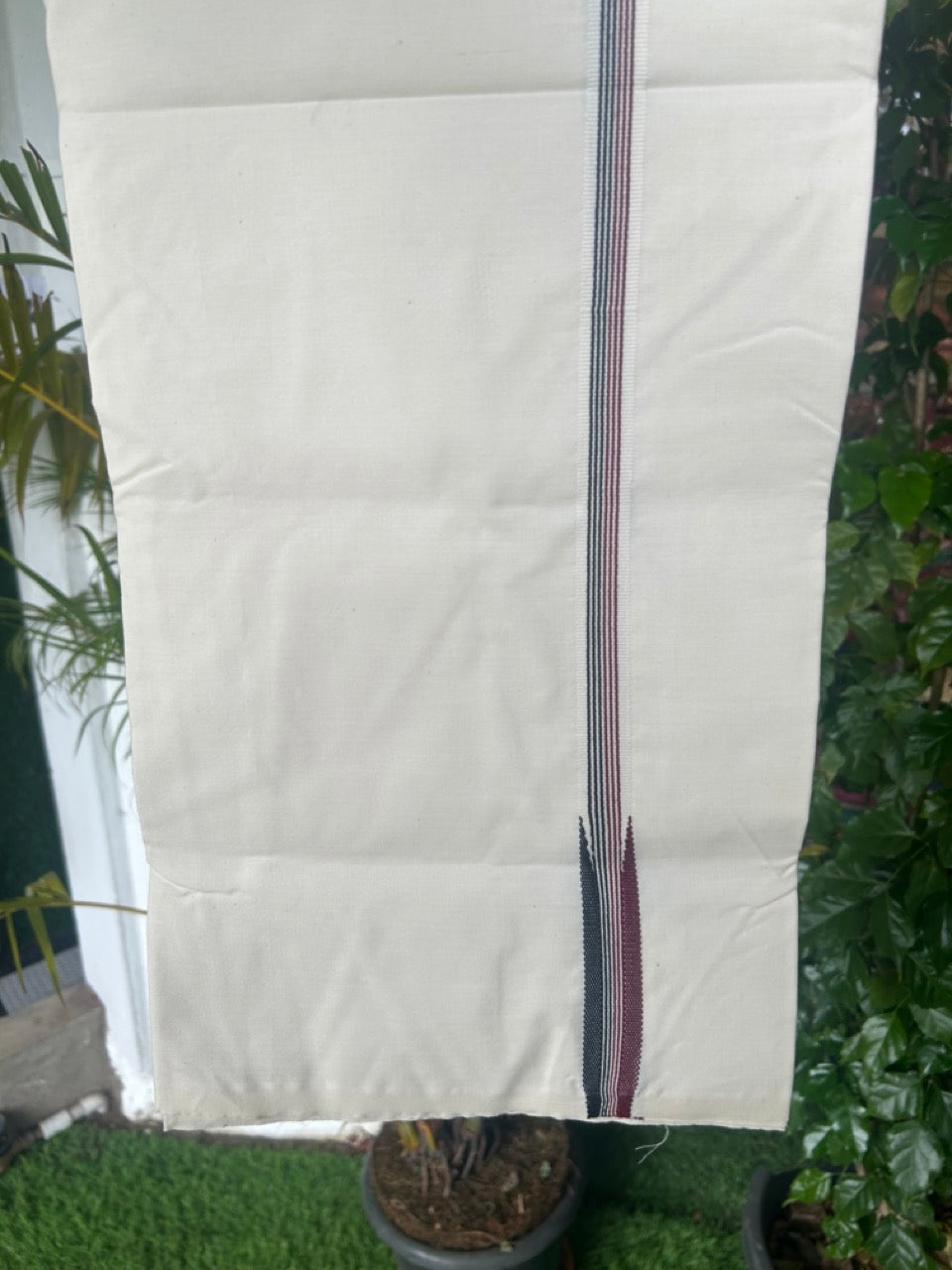 ADMK Veshti - KaithariKada Balaramapuram 100% COTTON SINGLE OFF WHITE- (Unbleached) Mundu/Dhoti-100X100 - 2 cm Puliyilakkara Maroon & Black Striped Chutty (2 meter / 4 muzham) - 7KK5168ASH