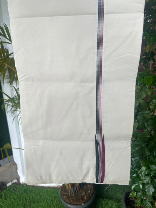 ADMK Veshti - KaithariKada Balaramapuram 100% COTTON SINGLE OFF WHITE- (Unbleached) Mundu/Dhoti-100X100 - 2 cm Puliyilakkara Maroon & Black Striped Chutty (2 meter / 4 muzham) - 7KK5168ASH
