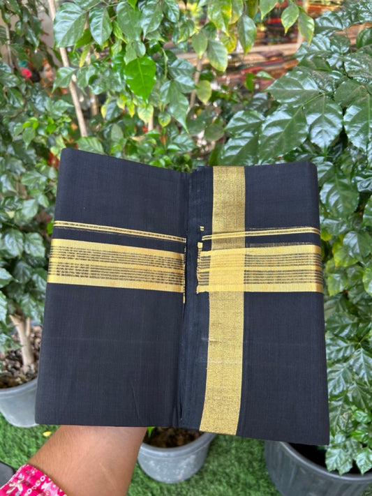 25% Discount! KaithariKada Handloom Unakkupaav Balaramapuram - Pure Cotton Double Mundu/Dhoti (Unbleached) - 100x80 - Black Colour Body - 1.5 inch Gold Kasavu Striped Kara - 4 KK5295 ABH