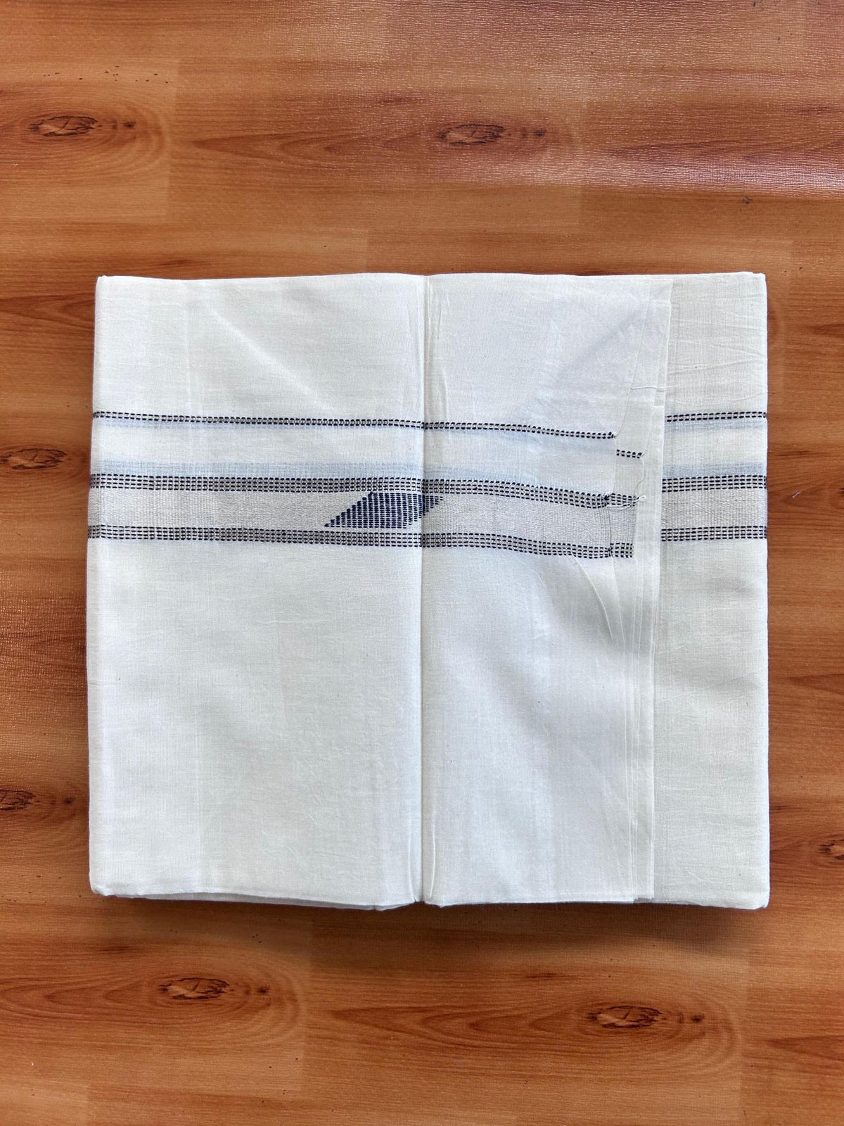 Double Off White (Unbleached) Mundu/Dhoti- 20% Discount! KaithariKada Pure Cotton - 100X80 - 1 inch Silver Kasav & Navy Blue Jaquard Design Kara - 4 mtr (8.5 Muzham) - 13  KK5510 VAS