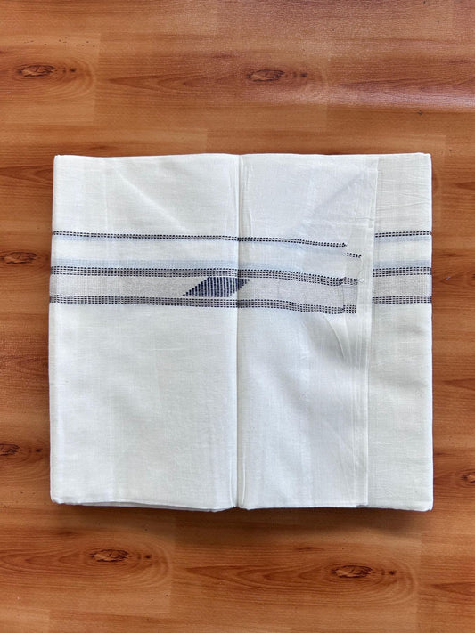 Double Off White (Unbleached) Mundu/Dhoti- 20% Discount! KaithariKada Pure Cotton - 100X80 - 1 inch Silver Kasav & Navy Blue Jaquard Design Kara - 4 mtr (8.5 Muzham) - 13  KK5510 VAS