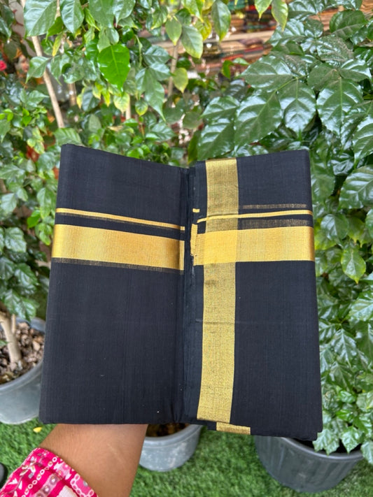 25% Discount! KaithariKada Handloom Unakkupaav Balaramapuram - Pure Cotton Double Mundu/Dhoti (Unbleached) - 100x80 - Black Colour Body - 1.25 inch Gold Kasavu Kara - 1 KK5295 ABH