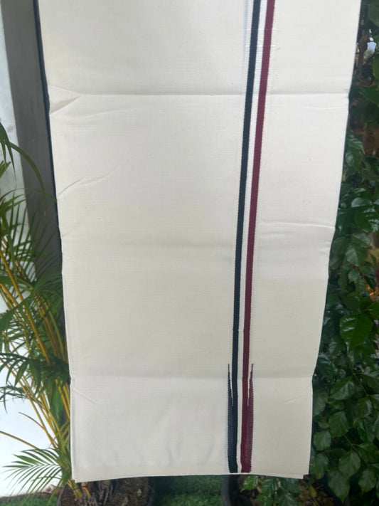 ADMK VESHTI 29% DISCOUNT ! KaithariKada Balaramapuram 100% COTTON SINGLE OFF WHITE (Unbleached) Mundu/Dhoti-100X100- 1 inch Puliyilakkara Maroon & Black Chutty Kara (2 metre / 4 muzham) - 10KK5168ASH