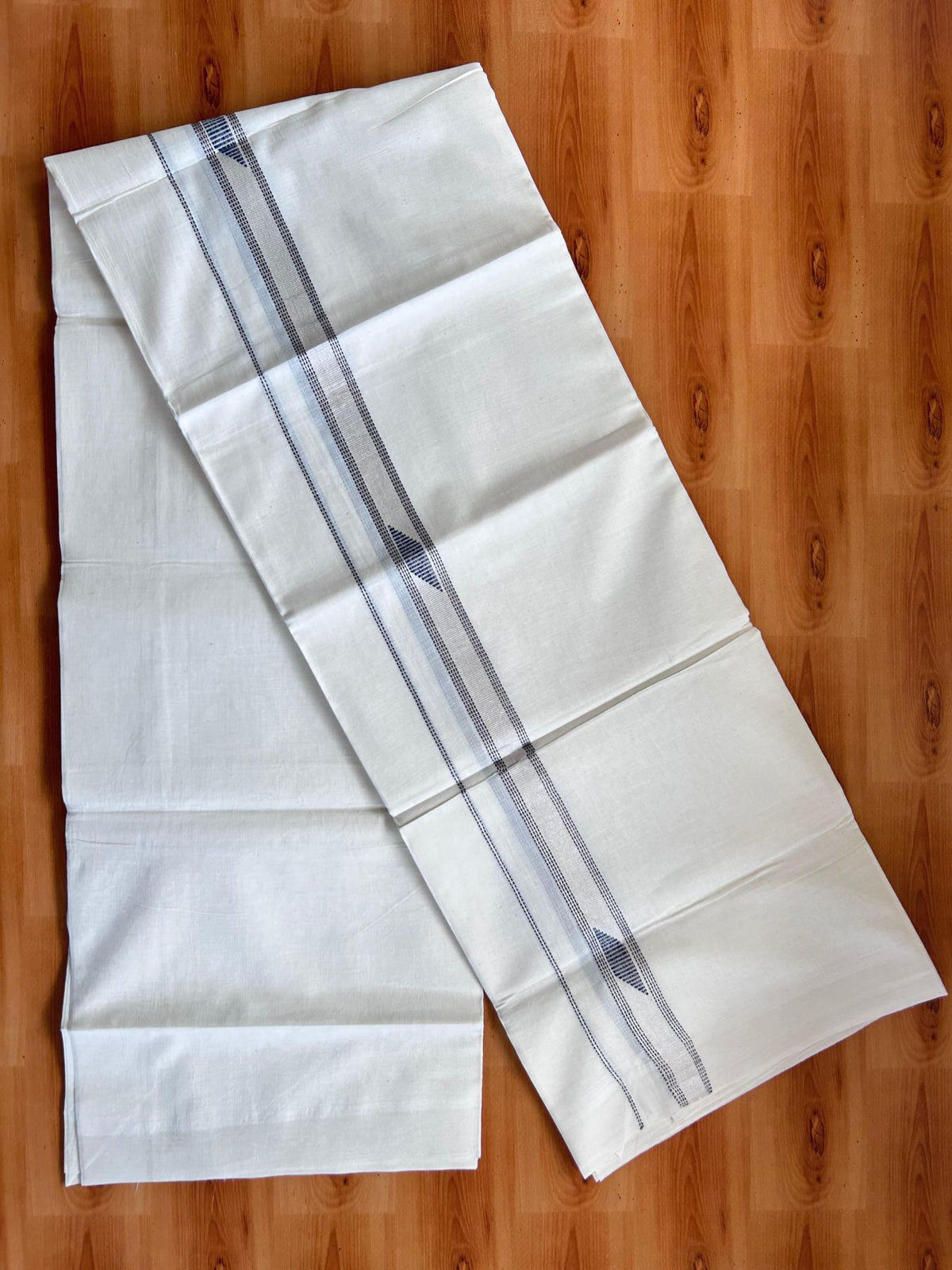 Double Off White (Unbleached) Mundu/Dhoti- 20% Discount! KaithariKada Pure Cotton - 100X80 - 1 inch Silver Kasav & Navy Blue Jaquard Design Kara - 4 mtr (8.5 Muzham) - 13  KK5510 VAS