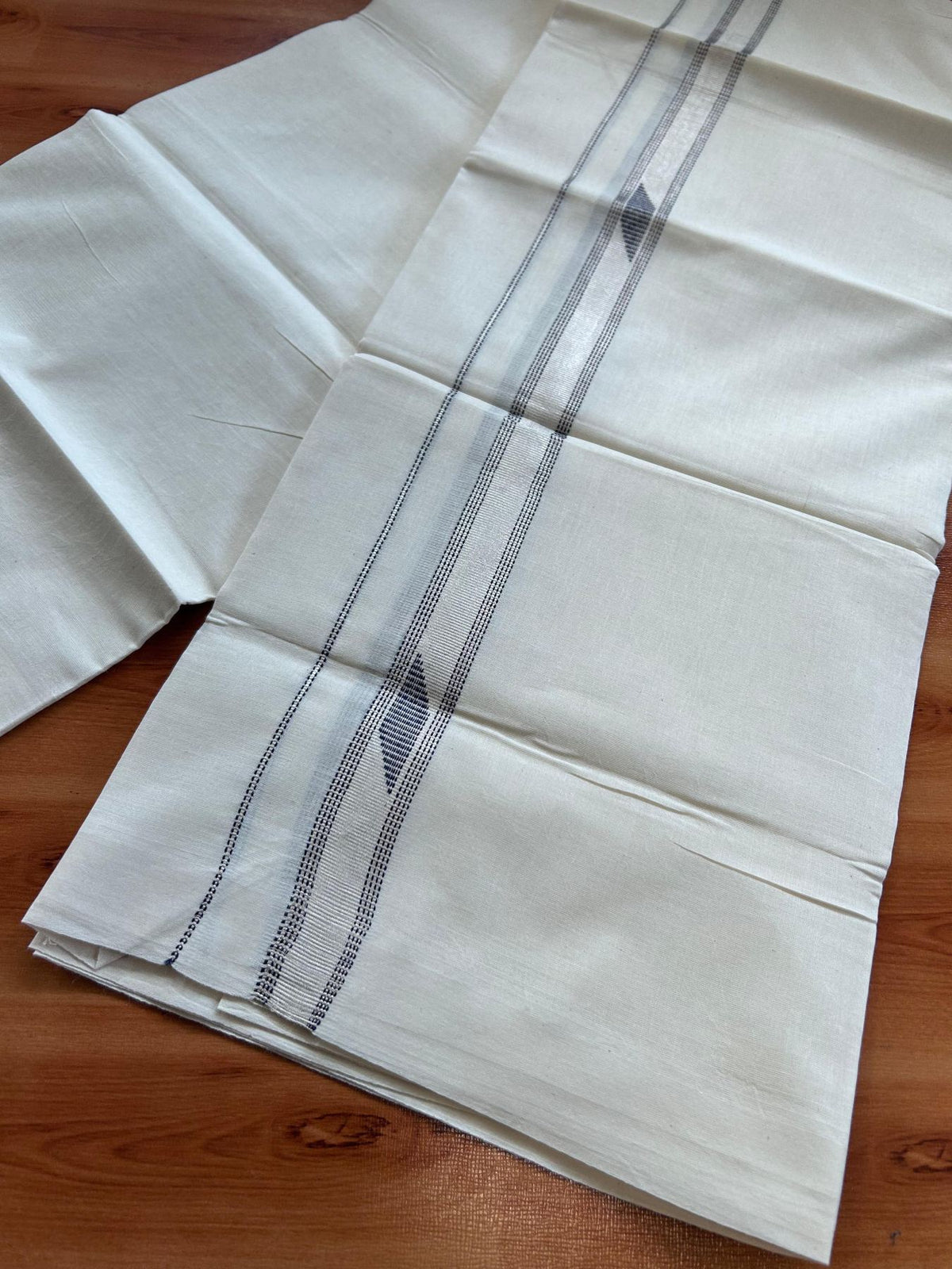Double Off White (Unbleached) Mundu/Dhoti- 20% Discount! KaithariKada Pure Cotton - 100X80 - 1 inch Silver Kasav & Navy Blue Jaquard Design Kara - 4 mtr (8.5 Muzham) - 13  KK5510 VAS
