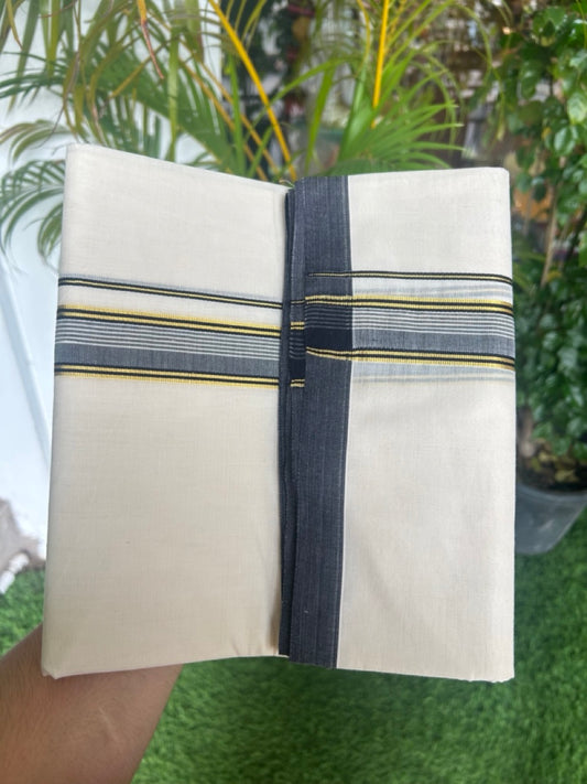 SHORT DHOTI SPECIAL! Kaitharikada.com 34% DISCOUNT! KaithariKada Balaramapuram 100% Cotton  Off white (Unbleached) Double Mundu/Dhoti-100x100 - 1.25 inch Kara & 46 inches Height Navy Blue & Kasavu Kara- 4KK5168ASH